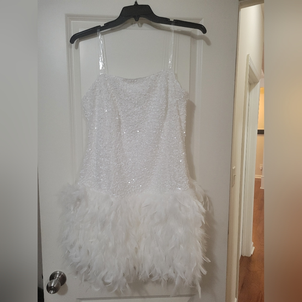 Fashion Nova Sparkling White Feather Mini Dress
